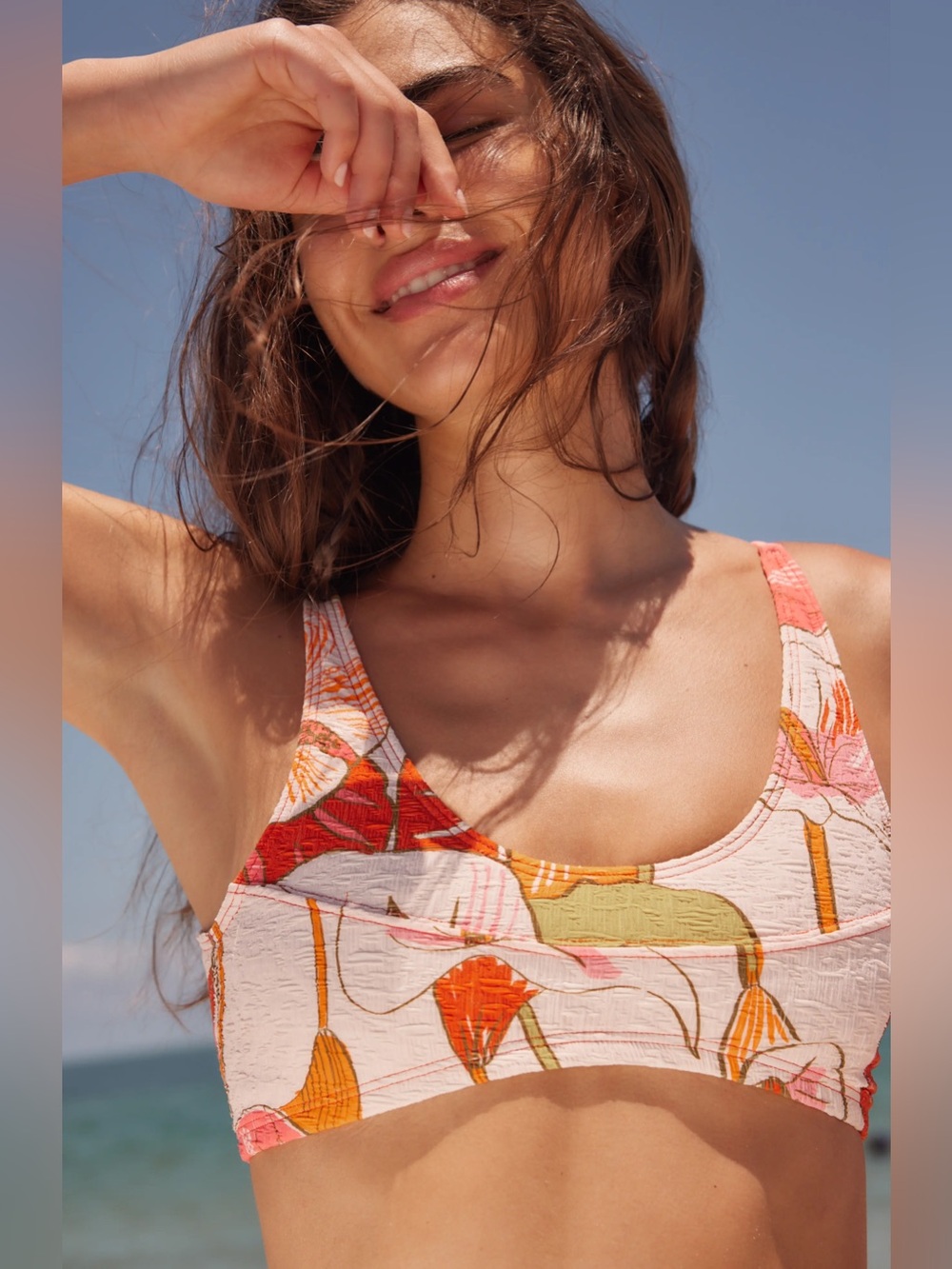 NWT new small free people free-est farrah Scoop Neck Bikini Top Coral Pink print